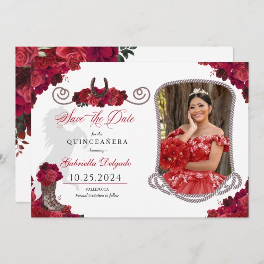 Western Rote Rosen Quinceañera Save the Date Foto Einladung (Vorne/Hinten)