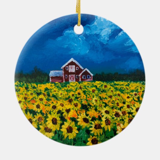 Western Roter Stall Sommer Sonnenblumenfeld Keramik Ornament (Hinten)