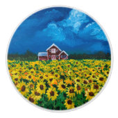 Western Roter Stall Sommer Sonnenblumenfeld Keramikknauf (Vorderseite)