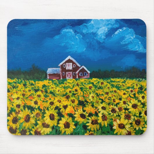 Western Roter Stall Sommer Sonnenblumenfeld Mousepad (Vorne)