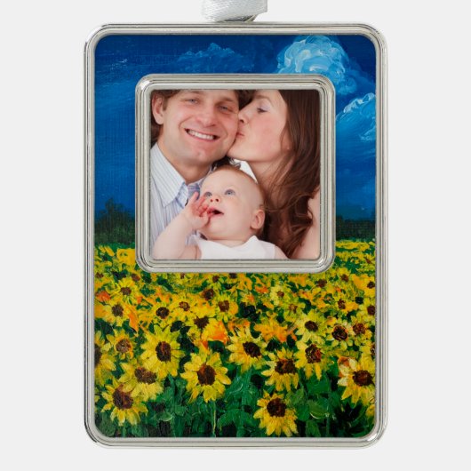 Western Roter Stall Sommer Sonnenblumenfeld Rahmen-Ornament Silber (Vorderseite)