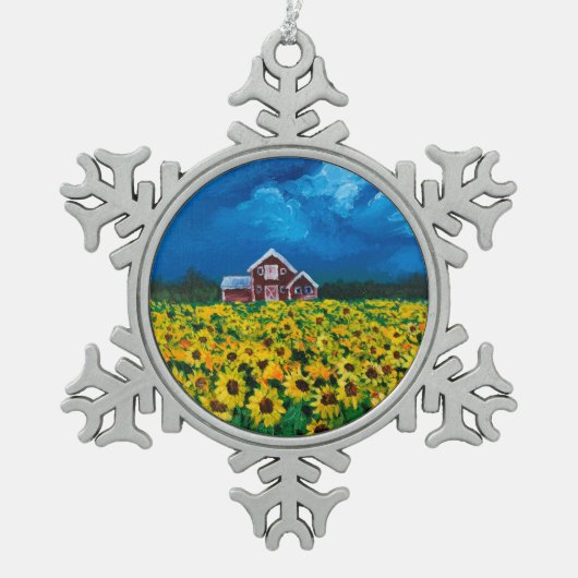 Western Roter Stall Sommer Sonnenblumenfeld Schneeflocken Zinn-Ornament (Vorderseite)