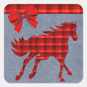 Western Rotes Kariertes Imitat Denim Quadratischer Aufkleber