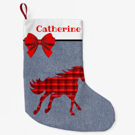 Western Rotes Kariertes Pferd auf Imitaten Denim Kleiner Weihnachtsstrumpf