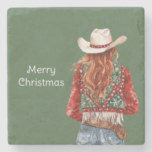 Western-Rotschopf-Cowgirl-Weihnachten Steinuntersetzer