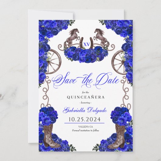 Western Royal Blue Save the Date Quinceñera Einladung (Vorderseite)