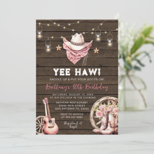Western Rustic 21.30.40., Cowgirl Birthday Einladung (Stehend Vorderseite)
