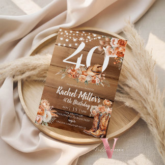 Western Rustic Dried Flower Hat Boots Birthday Einladung