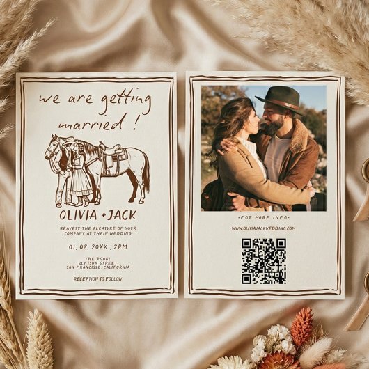 Western Rustic Hand Drawn Photo QR Code Wedding Einladung