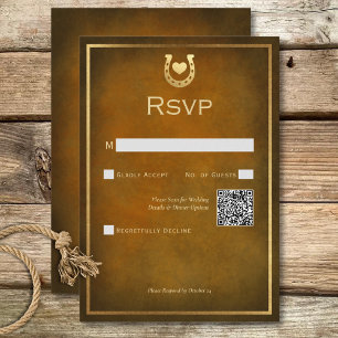 Western Rustic Horseshoe Brown & Gold QR Code RSVP Karte