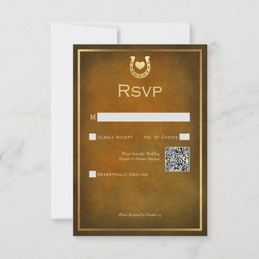 Western Rustic Horseshoe Brown & Gold QR Code RSVP Karte (Vorderseite)