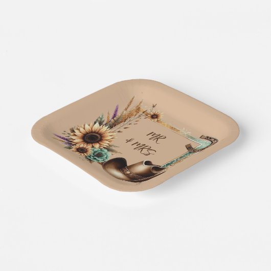 Western Rustic Wedding Mr & Mrs. 7 Inch Square Pappteller (Gewinkelt)