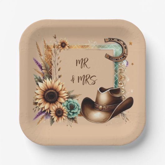 Western Rustic Wedding Mr & Mrs. 7 Inch Square Pappteller (Vorderseite)