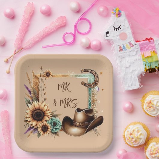 Western Rustic Wedding Mr. & Mrs. 9 Inch Square Pappteller (Party)