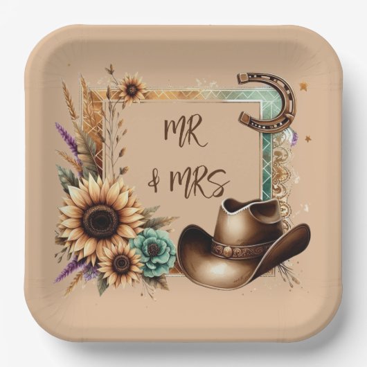 Western Rustic Wedding Mr. & Mrs. 9 Inch Square Pappteller (Vorderseite)