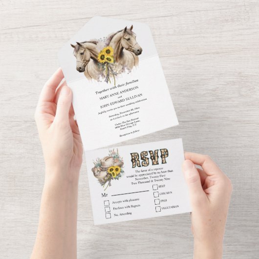 Western rustikale Aquarellpferde Sonnenblume Stall All In One Einladung (Abreißen)