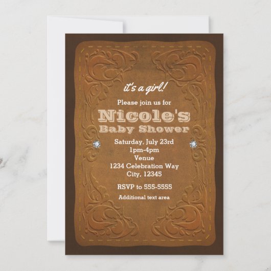 Western Rustikale Braun Leder Aussehen Babydusche Einladung (Rückseite)