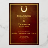 Western Rustikale Hufeisenhochzeit Burgund & Goldh Folieneinladung (Vorderseite)