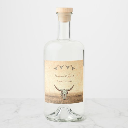 Western Rustikaler Hochzeitskuhschädel Alkoholflaschenetikett (Vorderseite)