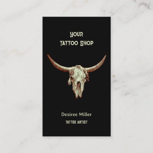 Western Rustikaler Schwarzer Tattoo Shop Bull Skul Visitenkarte (Vorderseite)