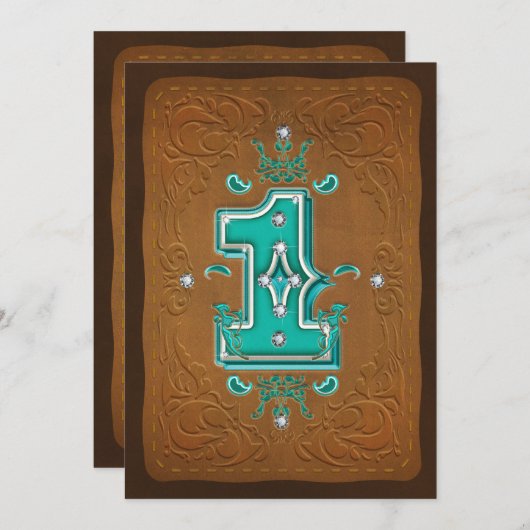 Western Rustikales Braun & Türkis 1 Ein 1. Party Einladung (Vorne/Hinten)