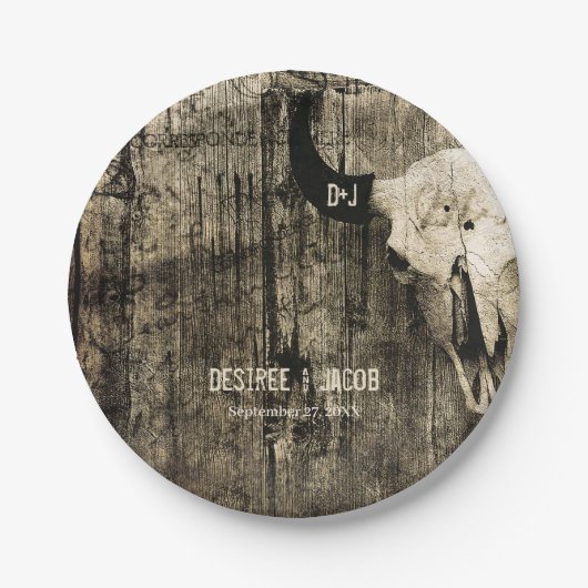 Western Rustikales Hochzeitsbull-Schädelgebiet Vin Pappteller (Vorderseite)