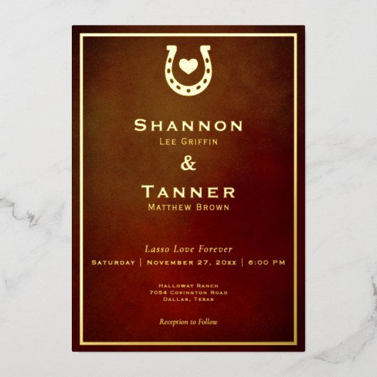 Western Rustikales Horseshoe Herz Burgund & Gold Folieneinladung (Vorderseite)