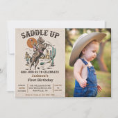Western satteln 1. Geburtstag Party Foto Einladung (Vorderseite)