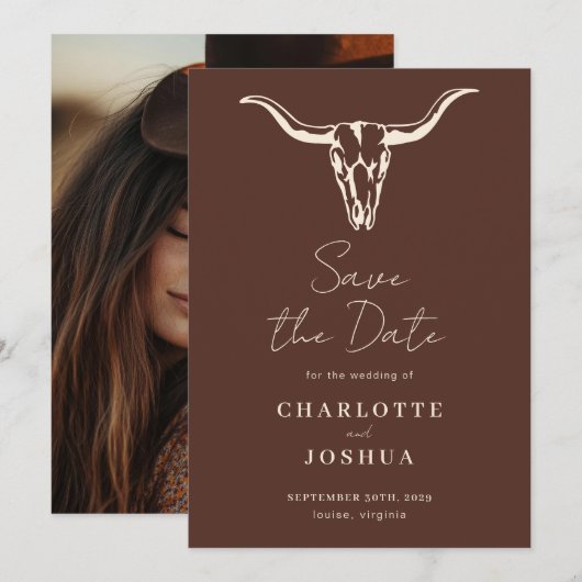 Western Save the Date | Rustic Boho Cow Skull (Vorne/Hinten)