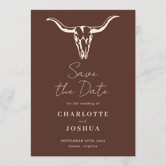 Western Save the Date | Rustikaler Boho-Kuhschädel (Vorderseite)