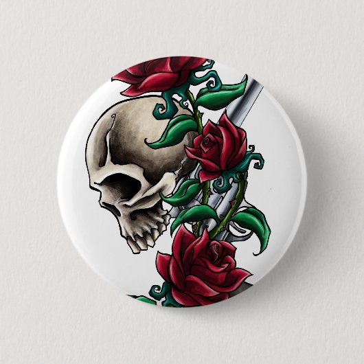 Western-Schädel mit Roten Rosen und Button (Vorderseite)