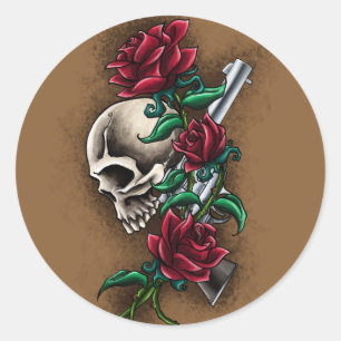 Western-Schädel mit Roten Rosen und Runder Aufkleber