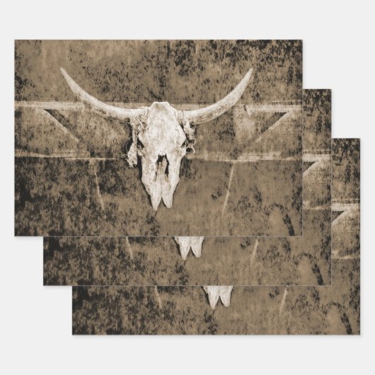 Western Sepia Brown Texture Cowboy Bull Skull Geschenkpapier Set (Set)