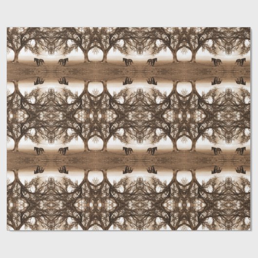 Western Sepia Tones mit Pferd und Eichenbaum Geschenkpapier (Flach)