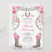Western Silver Pink Floral Charra Quinceañera Einladung (Vorderseite)