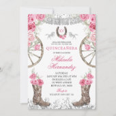 Western Silver Pink Roses Charra Quinceañera Einladung (Vorderseite)