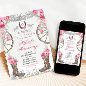 Western Silver Pink Roses Charra Quinceañera Einladung