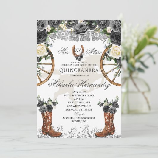 Western Silver und Black Charra Boots 15 Anos Einladung (Stehend Vorderseite)