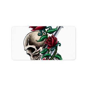 Western Skull mit Rote Rosen und Revolver Pistole Adressaufkleber