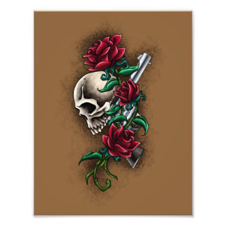 Western Skull mit Rote Rosen und Revolver Pistole Fotodruck