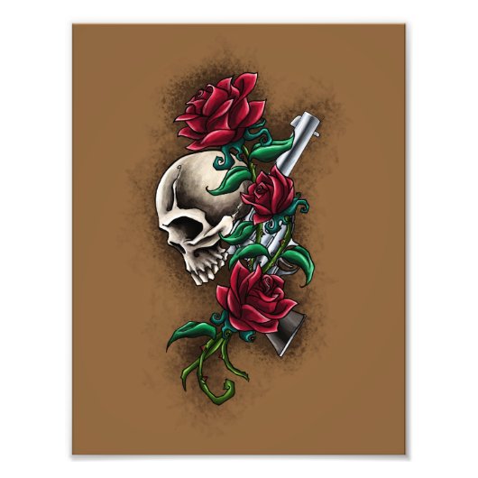 Western Skull mit Rote Rosen und Revolver Pistole Fotodruck (Vorne)