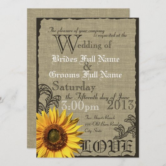 Western Sonnenblume Rustikale Hochzeit Einladung (Vorne/Hinten)