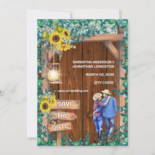 Western Sonnenblumen Paar rustikale Laubholz Einladung (Vorderseite)