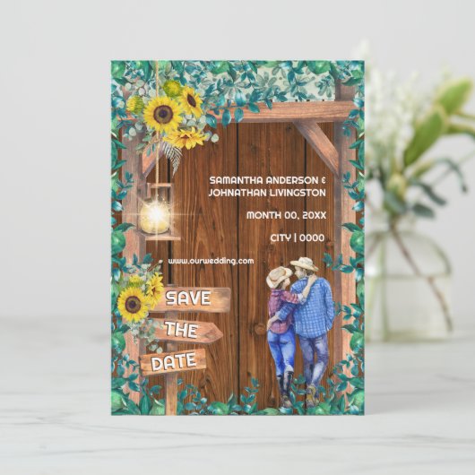 Western Sonnenblumen Paar rustikale Laubholz Einladung (Stehend Vorderseite)