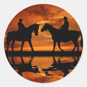 Western-Sonnenuntergang-Reiten Cowboy-Silhouette Runder Aufkleber