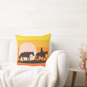 Western-Sonnenuntergangs-Cowboy-Silhouette-Zierkis Kissen