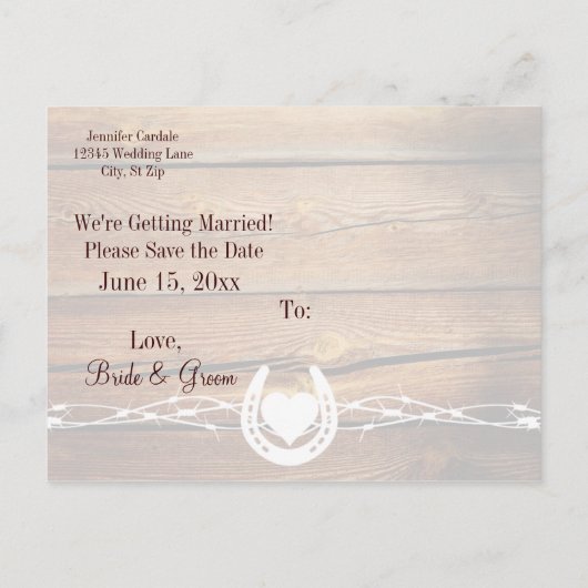 Western Stacheldraht Holz Save the Date Postkarten (Rückseite)