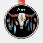 Western Steer Skull and Feathers Personalisiert Ornament Aus Metall (Vorne)