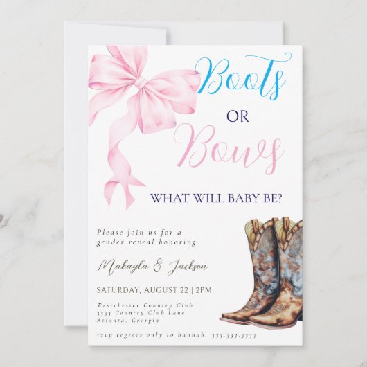 Western Stiefel oder Bows Blue Pink Gender Reveal Einladung (Vorderseite)