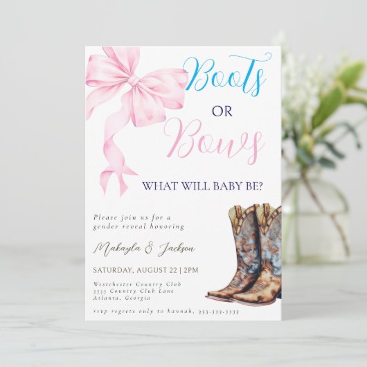 Western Stiefel oder Bows Blue Pink Gender Reveal Einladung (Stehend Vorderseite)
